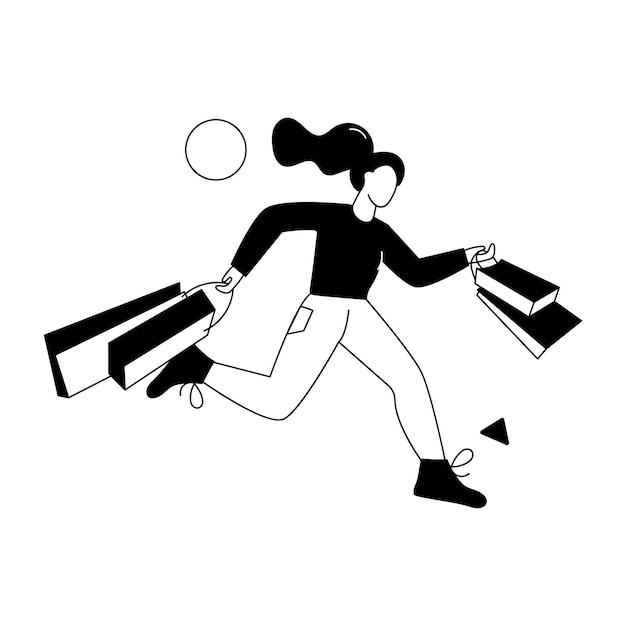 Una donna che corre con le borse della spesa in mano.