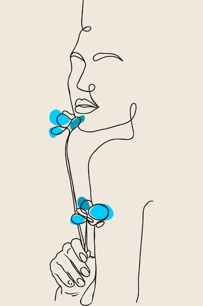 Woman's body line art vector floral blue feminine illustration