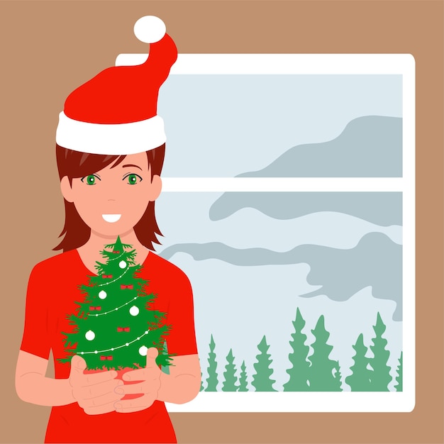 Woman's Christmas happiness Christmas tree gifts Vector illustration