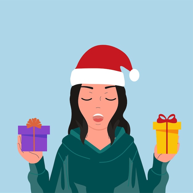 Woman's Christmas happiness Christmas tree gifts Vector illustration