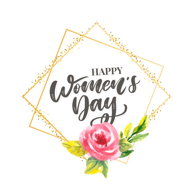 Progettazione del testo di festa della donna con i fiori e cuori su fondo quadrato. progettazione di calligrafia di saluto del giorno della donna nei colori rosa.