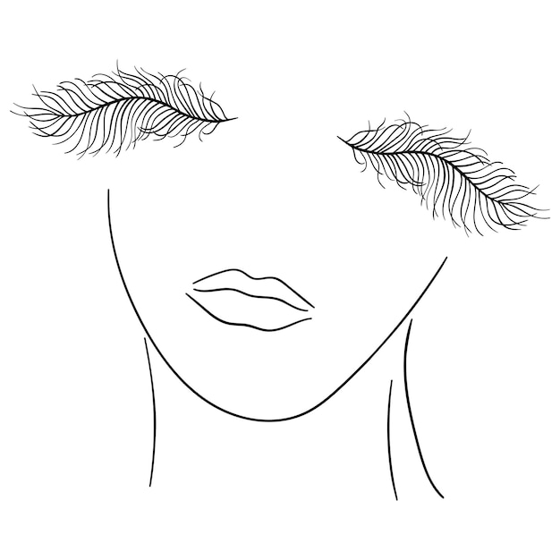 Woman's face with bird feathers instead of eye Hand drawn vector illustration in line art style