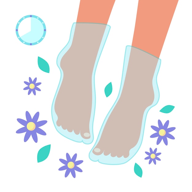 Piedi di donna che indossano maschera a forma di calzino con fiori, foglie, orologio isolato su sfondo bianco. concetto di cura delle gambe. illustrazione piana di vettore. procedura cosmetica per le donne a casa.
