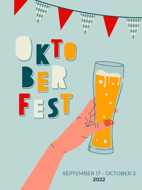 Vettore mano della donna che tiene un bicchiere di birra. modello di progettazione banner per l'oktoberfest. modello colorato