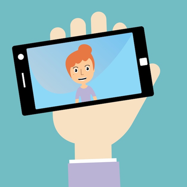 Vector woman's hand holding smartphone with self portrait