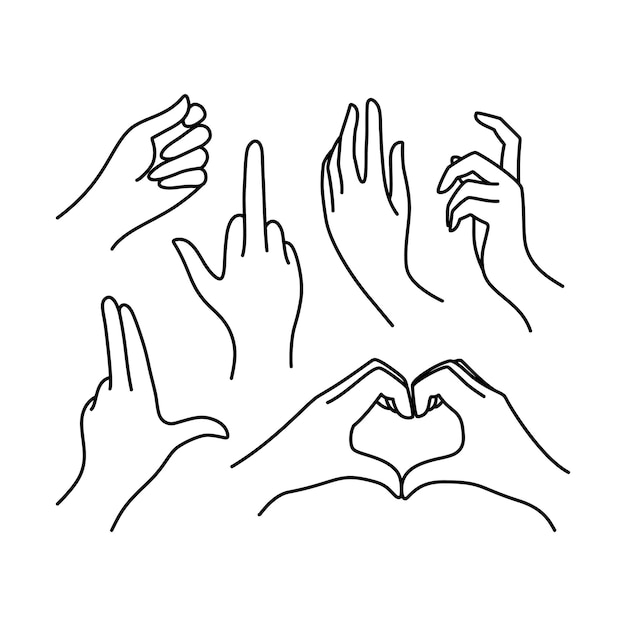 Hand gestures in different poses with hearts set, Finger love symbol.Liner  design template for icon,logo,printing,romantic design elements Vector  illustration.Female hand gestures line art drawing 16625166 Vector Art at  Vecteezy