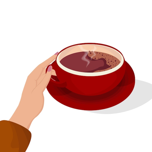 A woman's hand is holding a hot drink in a cup