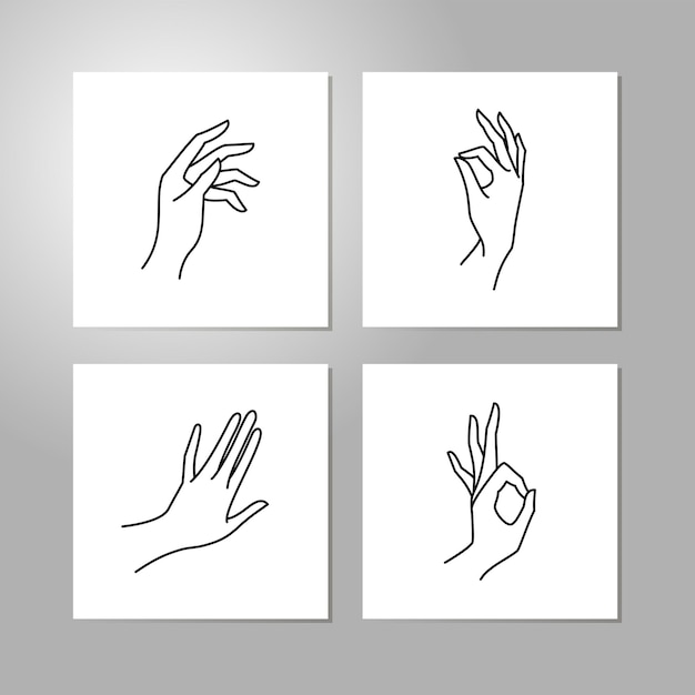 Vector woman's hand line collection . vector illustration of female hands of different gestures - victory, okay. lineart in a trendy minimalist style. logo design, hand cream, nail studio, posters, cards.