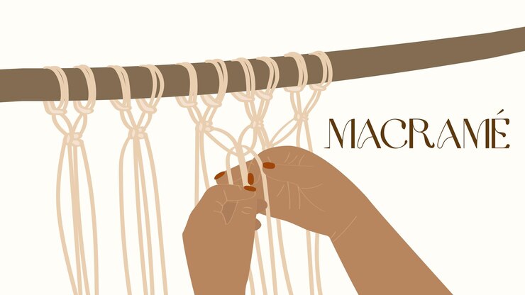 Vector a woman's hands are knitting a string a poster for a weaving project called macrame hand of a woma