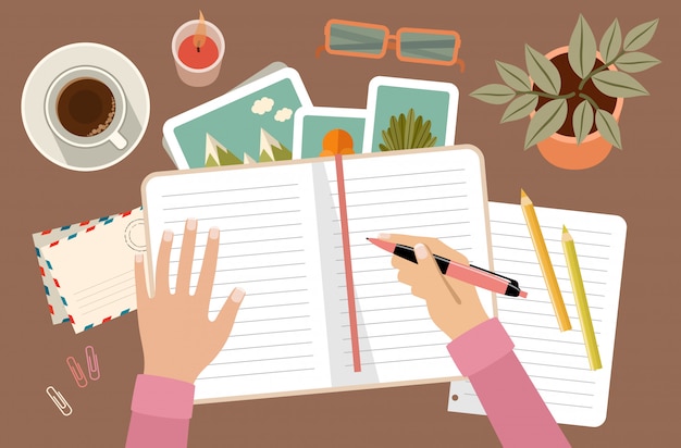 ベクトル ペンを押しながら日記を書く女性の手。個人的な計画と組織。職場