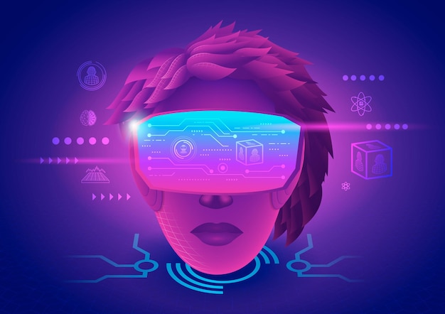 Vector a woman's head use vr virtual reality goggle and experiences of metaverse virtual world