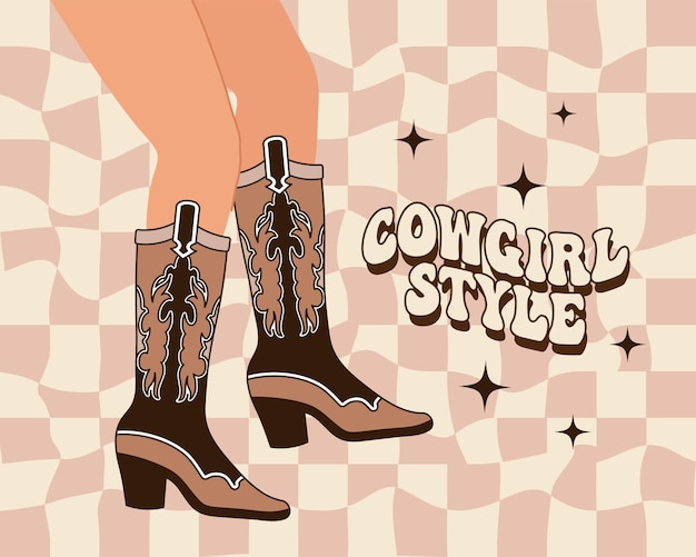 Gambe di donna in stivali da cowboy con un ornamento stivali marroni in stile cowgirl occidentale e festa da cowgirl