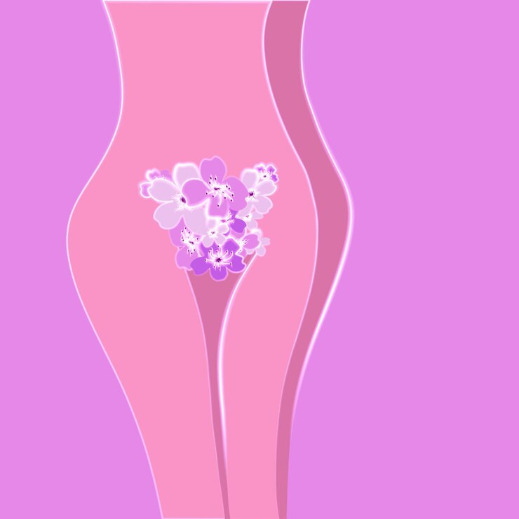 Vector 紫色の背景に花を持つ女性の足。