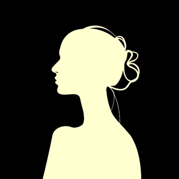 A woman's profile in silhouette against a black background with a white outline