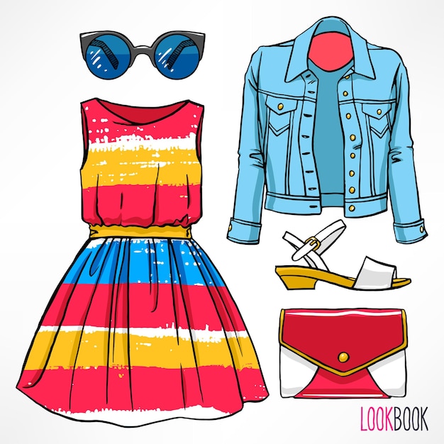 Vector woman's spring outfit. dress and accessories. hand-drawing illustration