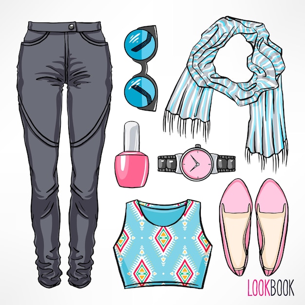 Vector woman's spring outfit. dress and accessories. hand-drawing illustration