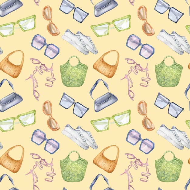 Woman's summer outfit seamless pattern isolated on beige Woman's collection of shoes footwear
