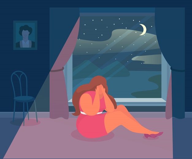 Vector woman sad depression,  illustration. cartoon  person depressed and sorrow emotion,  alone character. sadness