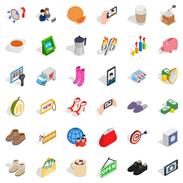 Woman sale icons set, isometric style