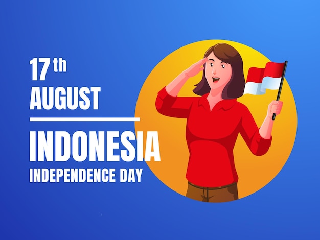 인도네시아 독립 기념일을 축하하고 인도네시아 국기를 들고 경례하는 여성