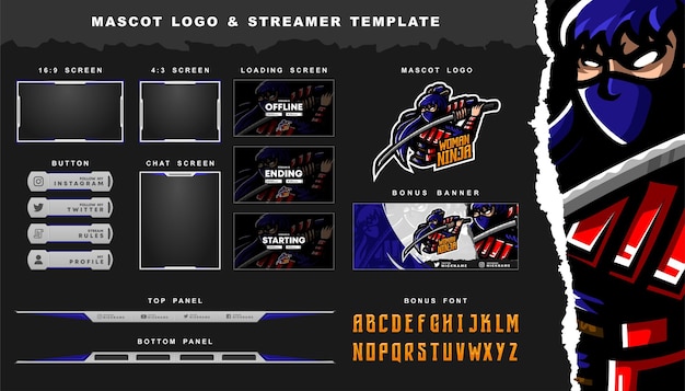 Vector woman samurai mascot logo and twitch streamer overlay template