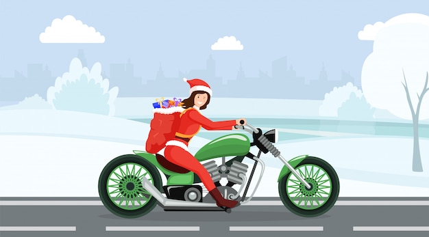 Woman in santa claus costume riding motorbike cartoon character