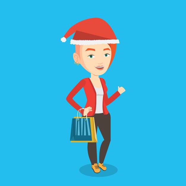 Vector woman in santa hat shopping for christmas gifts.