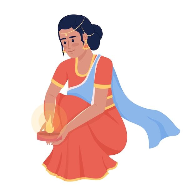 Vector woman in saree holding diya semi flat color vector character