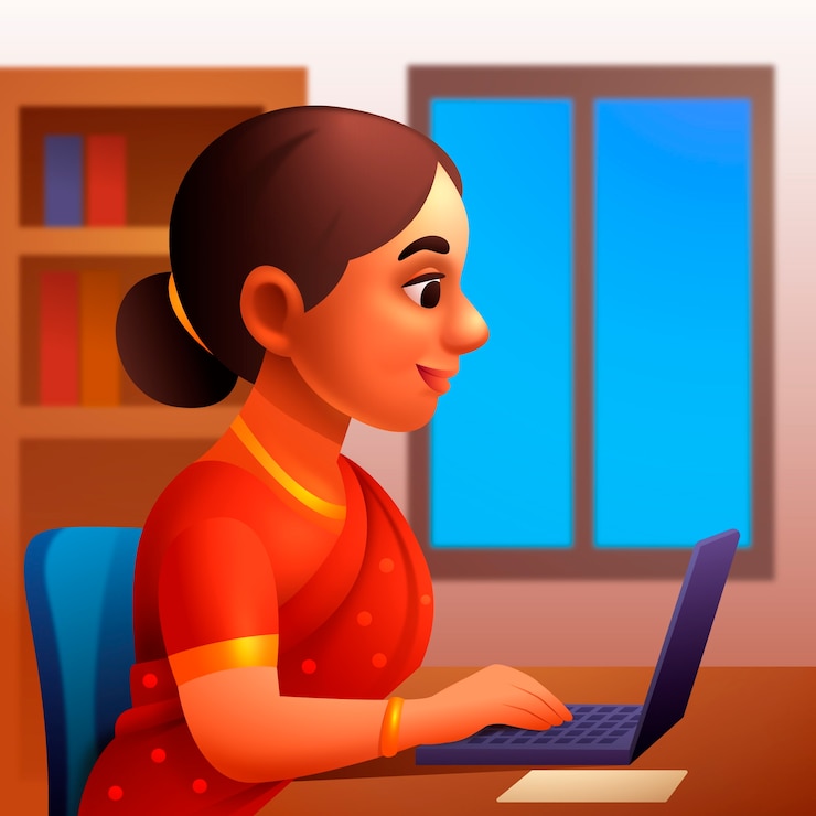Vector woman in a sari working on a laptop
