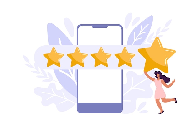 Woman satisfied customer give rating 5 stars on smartphone People feedback vector illustration by giving star rating