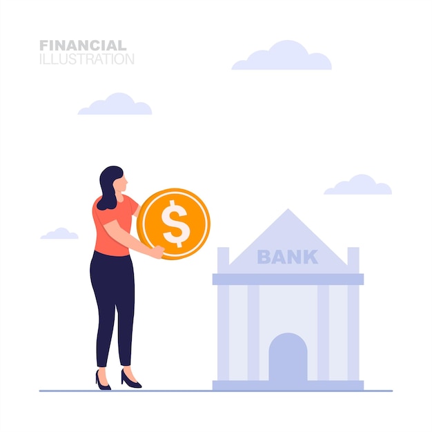 Vector woman saving money in bank concept illustration