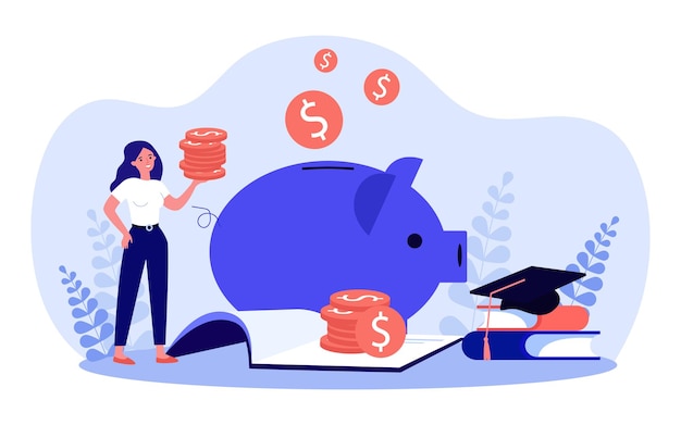 Vector woman saving money in piggy bank. tiny girl holding stack of gold coins flat vector illustration. financial education, investment, economy concept for banner, website design or landing web page