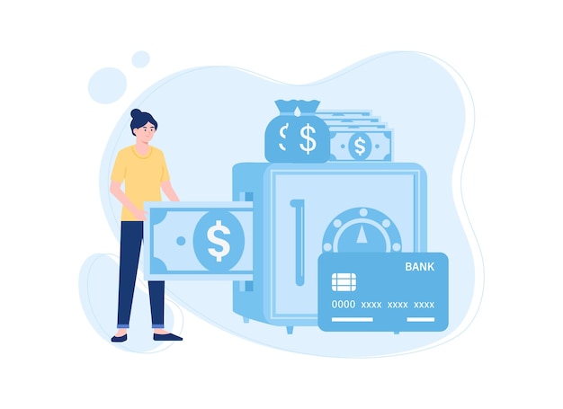 a woman saving in a piggy bank trending concept flat illustrator