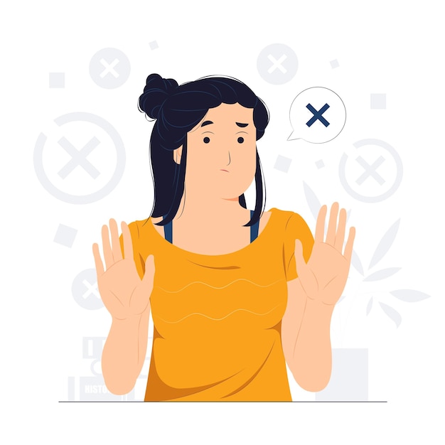 Woman says no and makes stop gesture forbids something and expresses disagreement body language no means no concept illustration