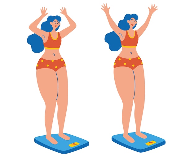 Woman on scale sad and happy. two girls stand on the scales. emotions and mood female. weight loss ideas. diet. cartoon flat style vector.