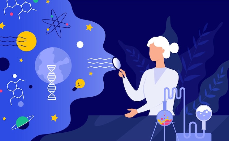 Vector woman in science professional girl biology or chemistry career scientist teacher students research laboratory genetic or chemical experiment scientific discovery vector illustration