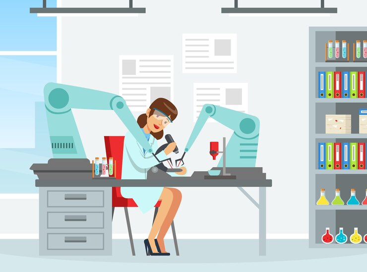 Vector woman scientist conducting experiment with artificial intelligence assistance vector illustration