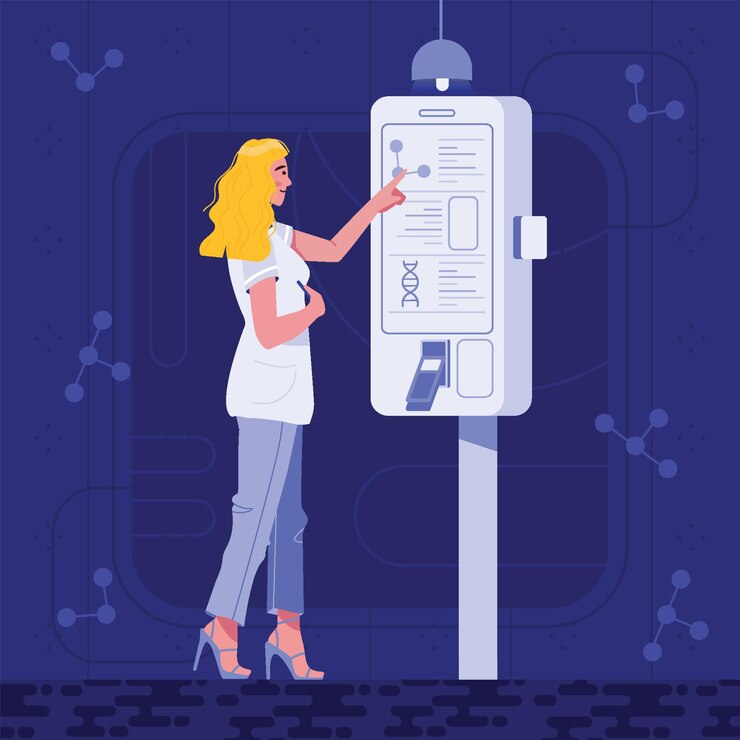 Vector woman scientist using digital panel technology concept