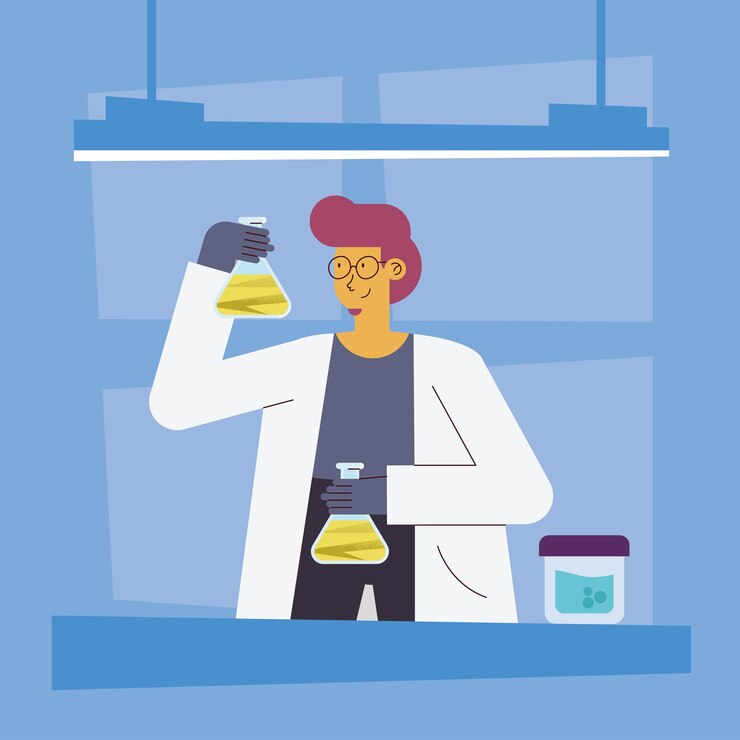 Vector woman scientist with flasks and jar