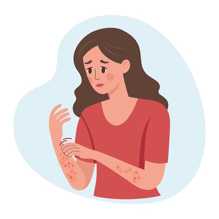 Vector woman scratches her hand allergic itching skin inflammation redness and irritation