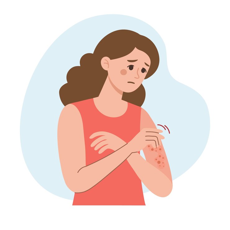 Vector woman scratches her hand allergic itching skin inflammation redness and irritation