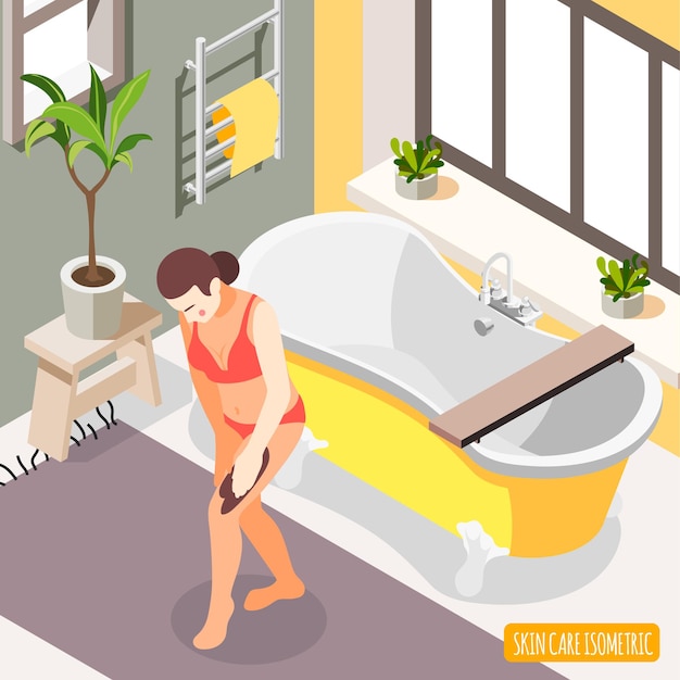 Vector woman scrubbing exfoliation treatment isometric illustration