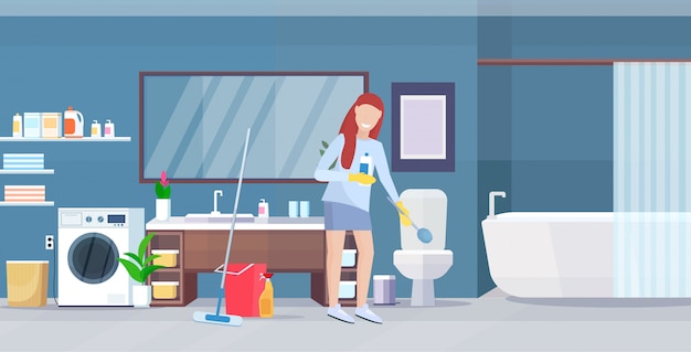 woman scrubbing toilet with scrub brush housewife doing housework cleaning concept modern bathroom interior female cartoon character full length flat horizontal