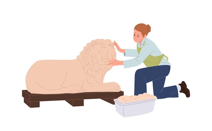 Vector woman sculptor cartoon character making clay lion figure enjoying creative hobby isolated on white