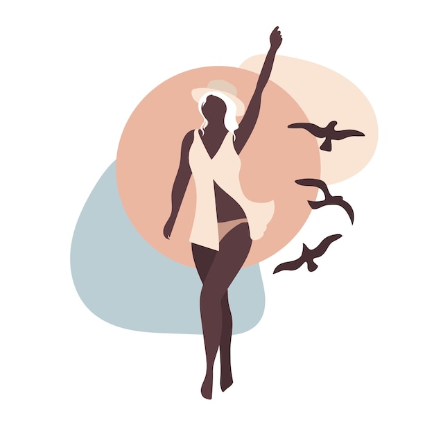 Vector woman and sea and birds  abstraction in beige vector minimalistic artwork