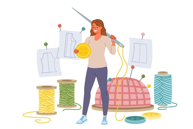 Woman seamstress holds large needle and button standing near threads for making handmade clothes