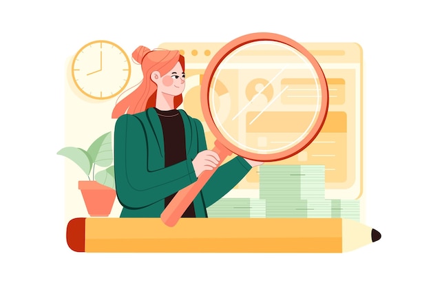 Vector woman in search with a magnifying glass