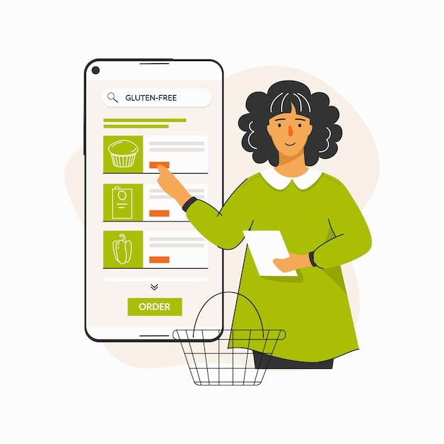 Вектор Женщина ищет продукты без глютена женщина в смартфоне выбирает продукты