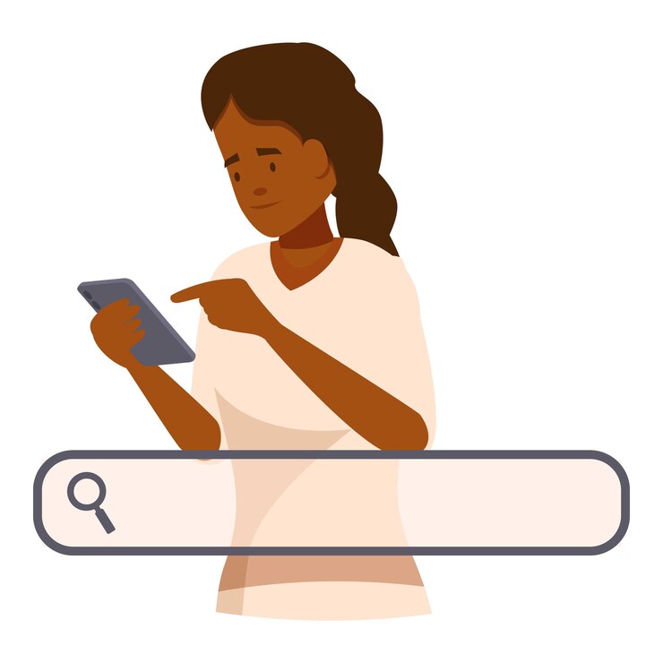 Vector woman searching information online using smartphone application