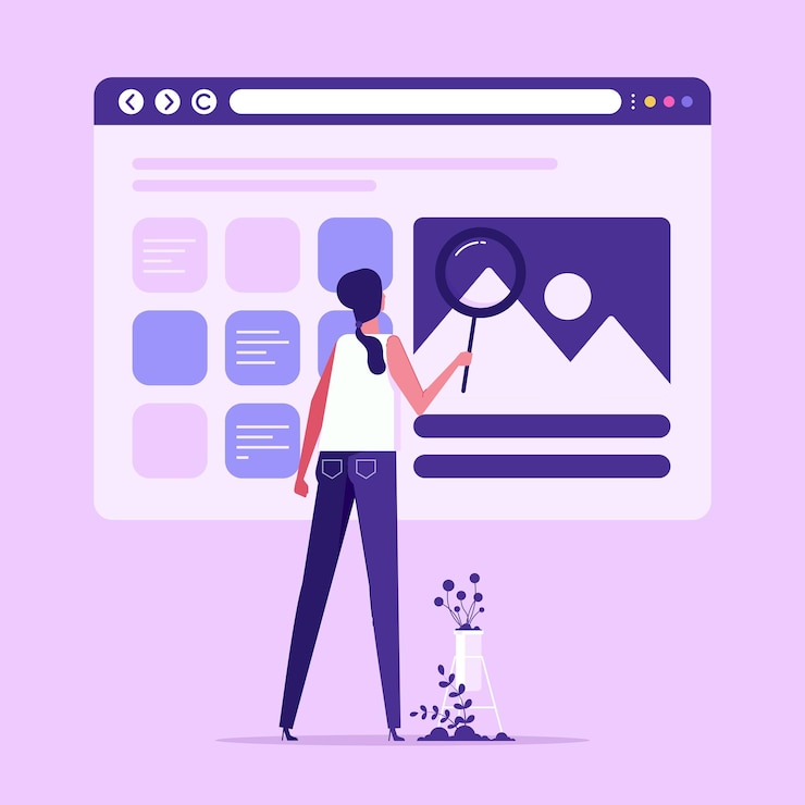 वेक्टर woman searching for information web search concept